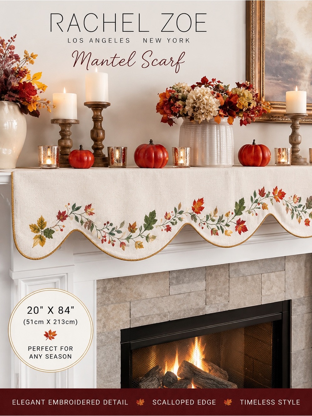 Rachel Zoe Cream Mantel Scarf with Autumn Leaf Embroidery